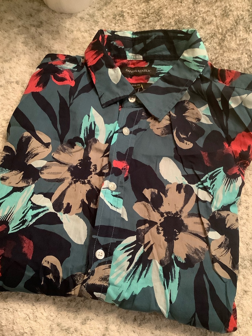 Banana Republic Tropical Red Teal Floral Dress Shirt Size L slim fit NWT Cotton